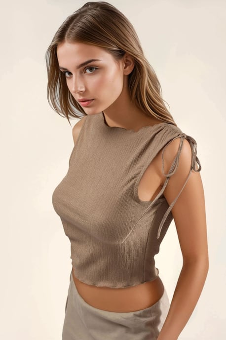 Gestructureerde Bootnek Cropped Top met Drapeeer Detail - Image 2