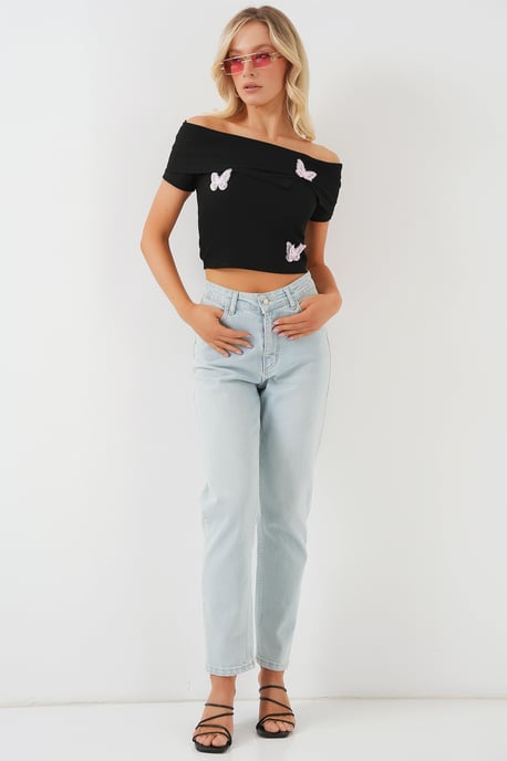 Vlinder Applique Off-Shoulder Korte Mouwen Crop Top - Image 2