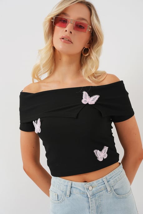 Vlinder Applique Off-Shoulder Korte Mouwen Crop Top - Image 3