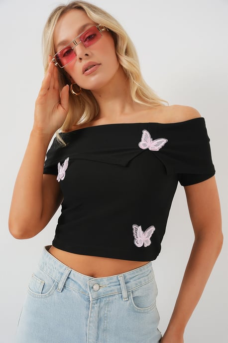 Vlinder Applique Off-Shoulder Korte Mouwen Crop Top - Image 4