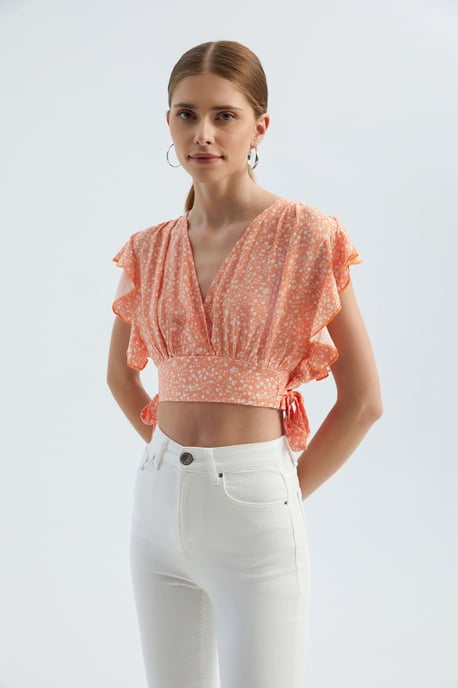 Floral V Neck Tie Side Crop Top - Image 2