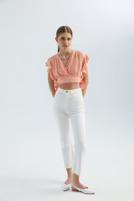 Floral V Neck Tie Side Crop Top - Image 3