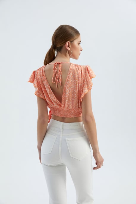 Floral V Neck Tie Side Crop Top - Image 5