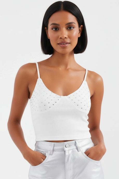 Stone Embellished Fitted Crop Top with V-Neck - Image 1