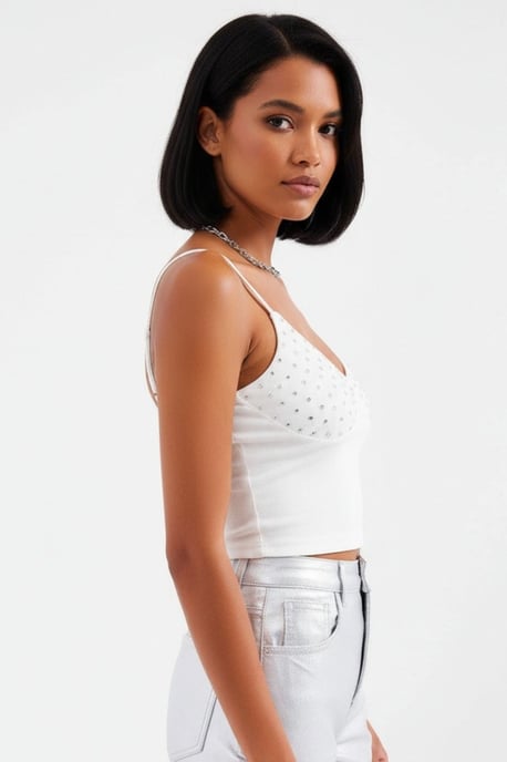 Stone Embellished Fitted Crop Top with V-Neck - Image 2