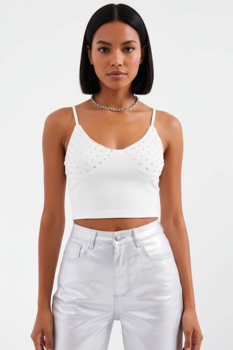 Stone Embellished Fitted Crop Top with V-Neck - Image 4