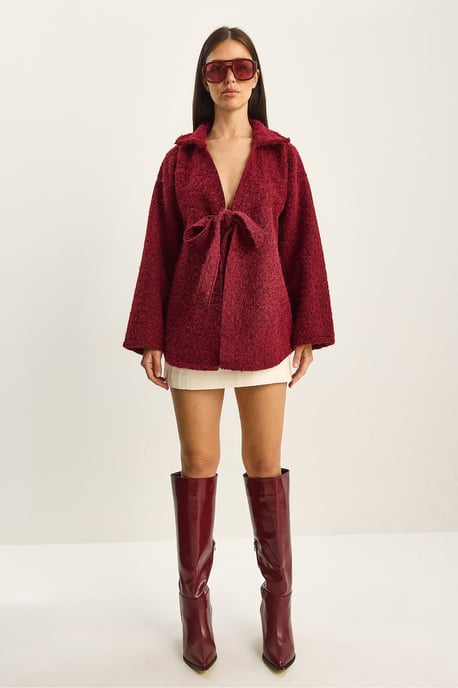 Textured Oversized V-Neck Tie Closure Cardigan - Image 2