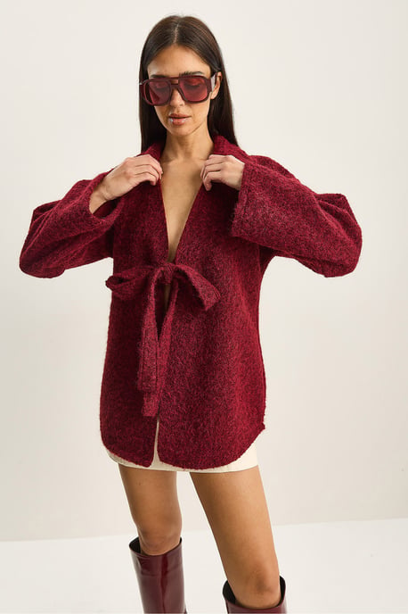 Textured Oversized V-Neck Tie Closure Cardigan - Image 3