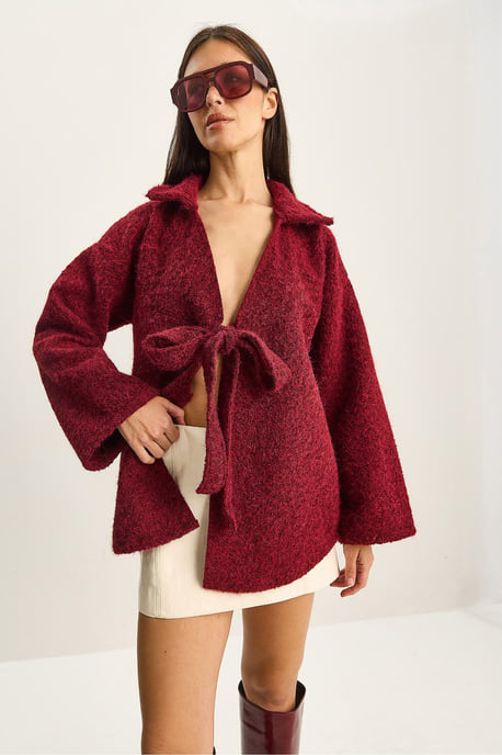 Textured Oversized V-Neck Tie Closure Cardigan - Image 4