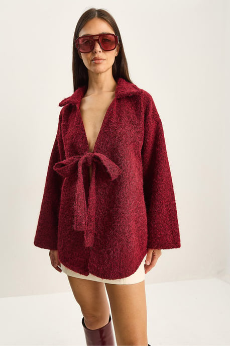Textured Oversized V-Neck Tie Closure Cardigan - Image 5