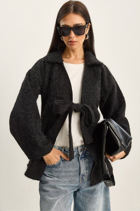 Textuur oversized V-hals cardigan met striksluiting - Image 1