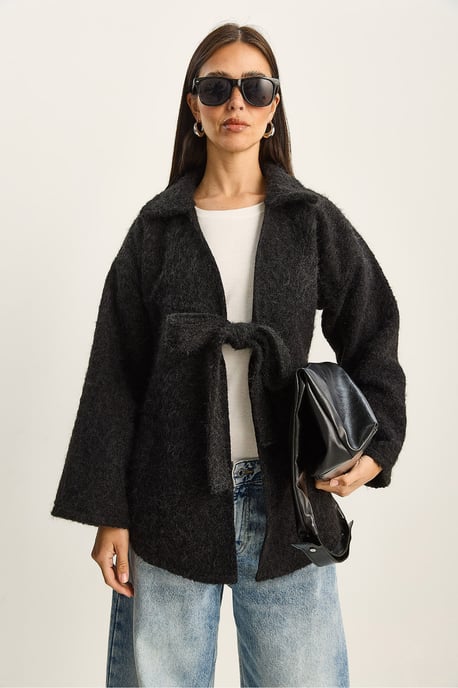 Textuur oversized V-hals cardigan met striksluiting - Image 2