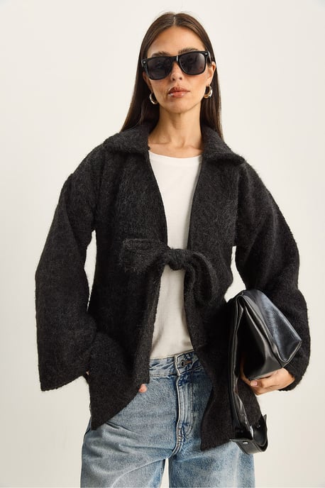 Textuur oversized V-hals cardigan met striksluiting - Image 3