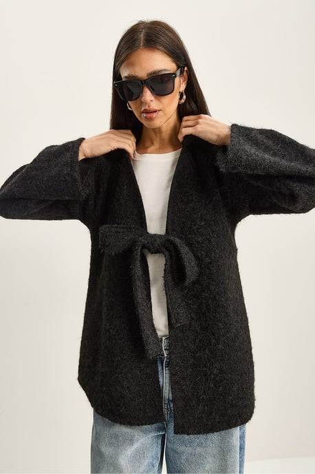 Textuur oversized V-hals cardigan met striksluiting - Image 4