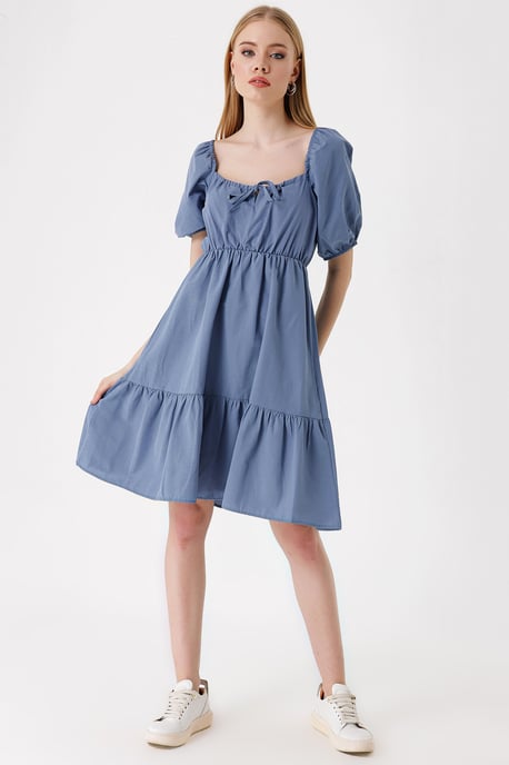 Square Neck A-Form Mini Dress with Bow - Image 2