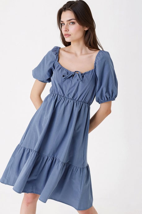 Square Neck A-Form Mini Dress with Bow - Image 4