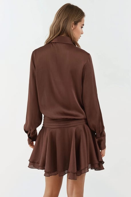 Ruffle Drape Long Sleeve Mini Dress with Shirt Collar - Image 3