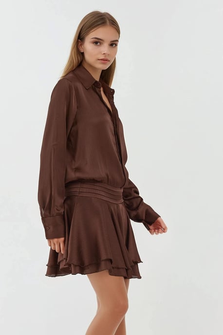 Ruffle Drape Long Sleeve Mini Dress with Shirt Collar - Image 5