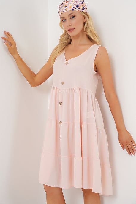 V-hals Mouwloze Mini Jurk met Knopdetail - Image 1