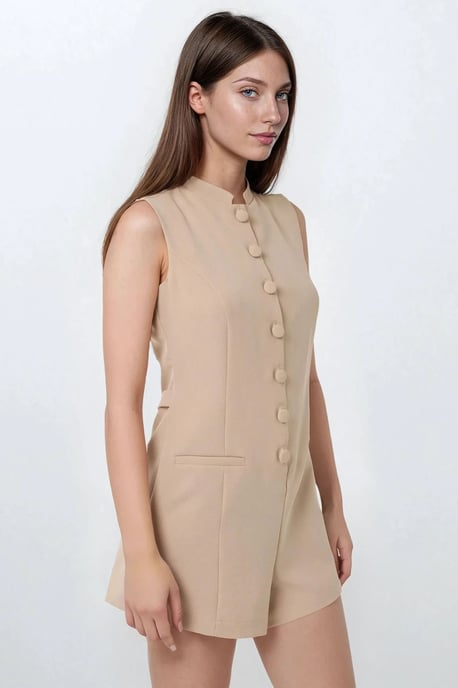 Kort ben crew neck jumpsuit med knappdetalj - Image 3