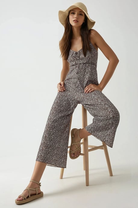Wijde Been Bloemen Gebreide Jumpsuit met V-hals - Image 4