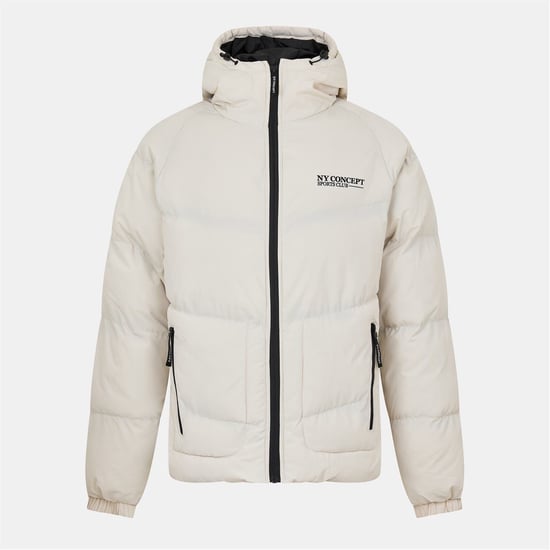 Men's NY Concept Conc Stowe Solid Patterned Hooded Zipped Pocket Puffer Jacket in Beige - Image 1