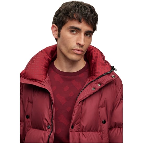 Men's Boss Solid Patterned Hooded Puffer Coat in Dark Red - Image 3