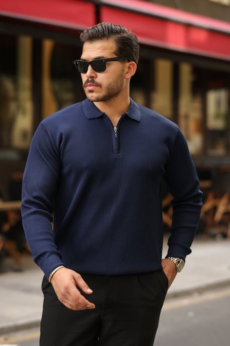 Slim Fit Gebreide Polo Kraag Trui met Rits - Image 1