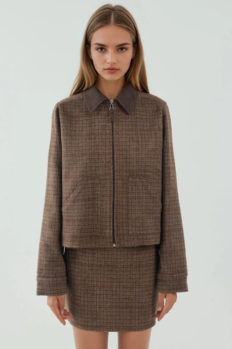 Plaid Patterned Wool Blend Jacket with Suede Collar - Image 4