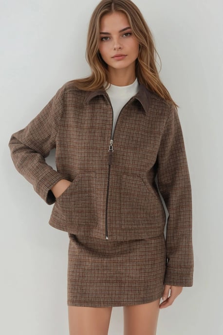 Plaid Patterned Wool Blend Jacket with Suede Collar - Image 6