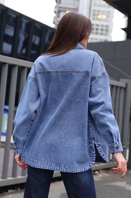 Oversize Denimjacka med Skjortkrage och Fickor - Image 5