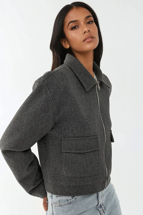 Textured Crop Jacket with Zipper - Image 3