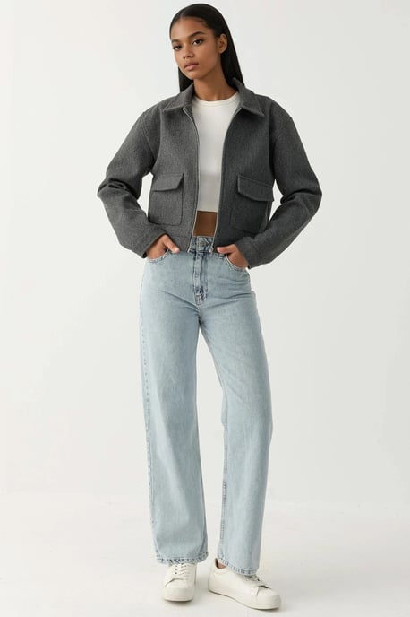 Textured Crop Jacket with Zipper - Image 5