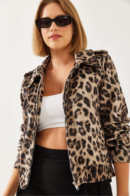 Leopardmönstrad Jacquard Dragkedja Jacka - Image 3