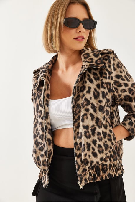 Leopardmönstrad Jacquard Dragkedja Jacka - Image 4
