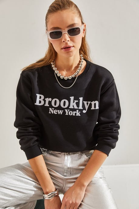 Crew Neck Crop Sweatshirt med Motto Tryck - Image 3