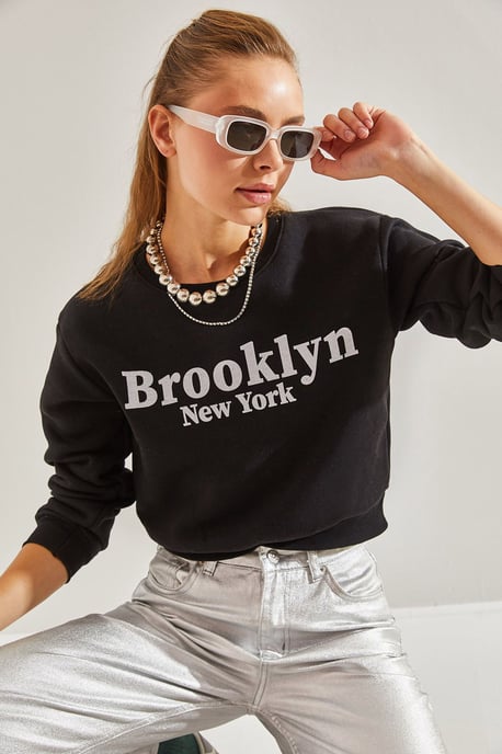 Crew Neck Crop Sweatshirt med Motto Tryck - Image 4