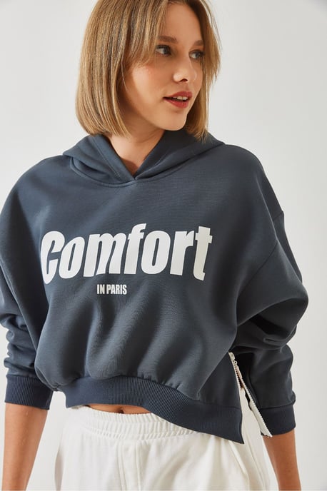 Gebreid oversized crop sweatshirt met capuchon en pompon - Image 2
