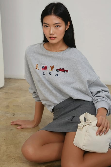 Embroidered Crew Neck Cottoned Raised Sweatshirt - Image 5