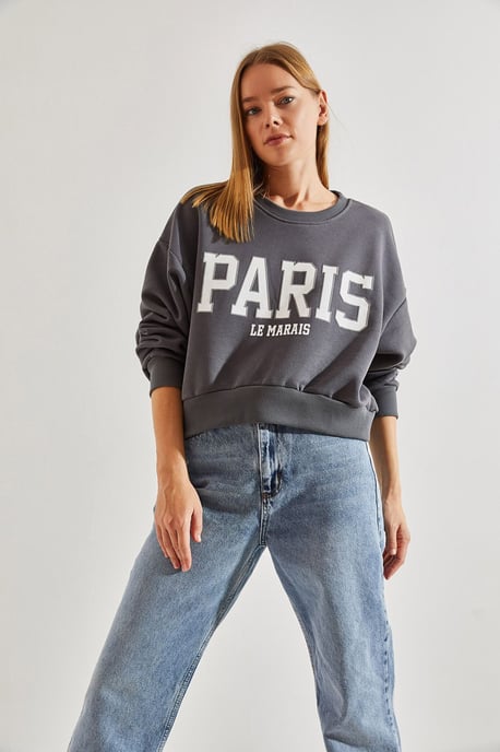 Korte Crew Neck Katoenen Sweatshirt met Voorzijde Tekstprint - Image 3