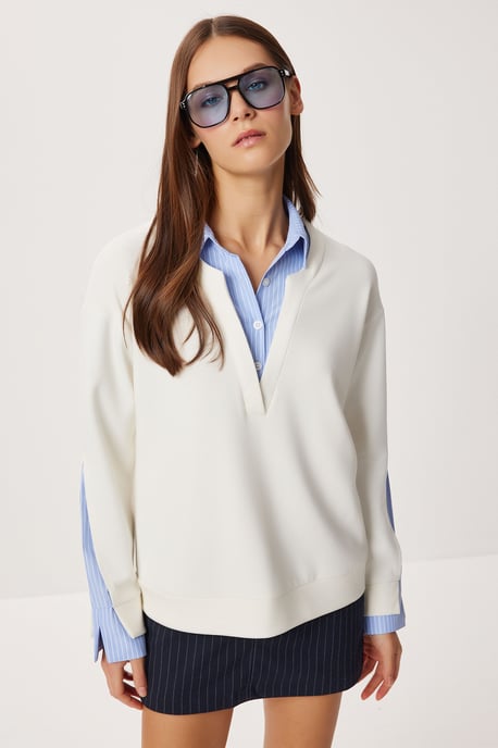 V-ringad långärmad sweatshirt med poplin-detalj - Image 3