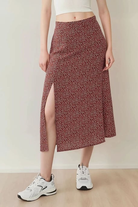 Floral High Waist Midi Skirt - Image 1