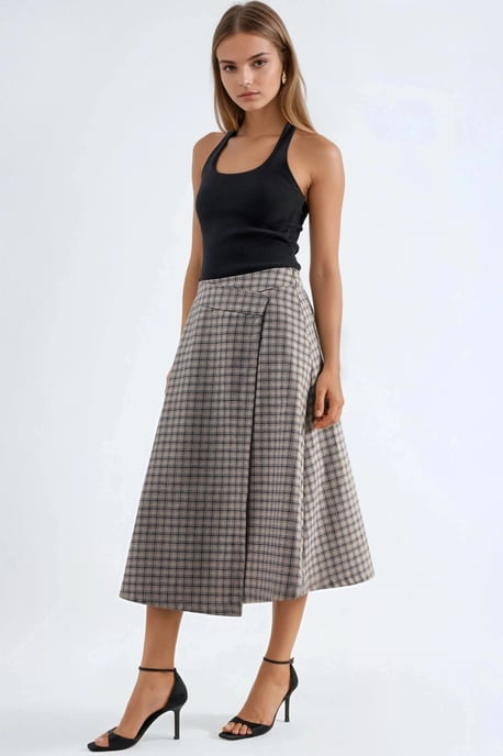 High Waist Plaid Midi Skirt - Image 4