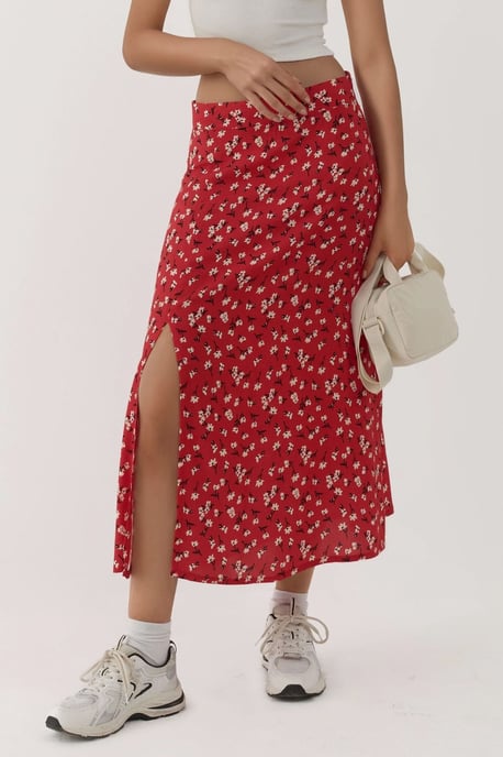 Floral High Waist Midi Skirt - Image 1
