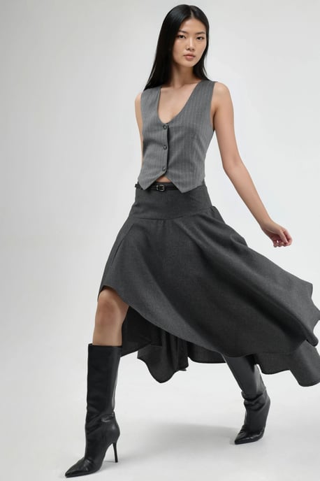 Geknoopte Hoge Taille Asymmetrische Midi Rok - Image 1