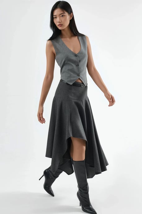 Geknoopte Hoge Taille Asymmetrische Midi Rok - Image 3