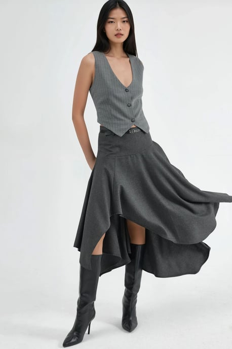 Geknoopte Hoge Taille Asymmetrische Midi Rok - Image 5