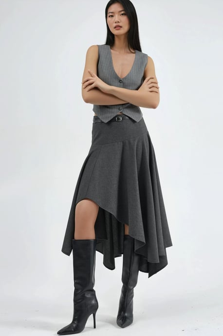 Geknoopte Hoge Taille Asymmetrische Midi Rok - Image 6