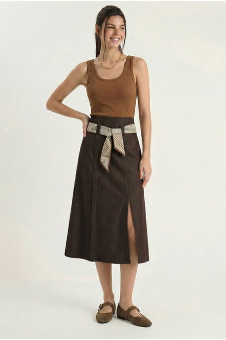 High Waist Midi Skirt with Slit - Image 2