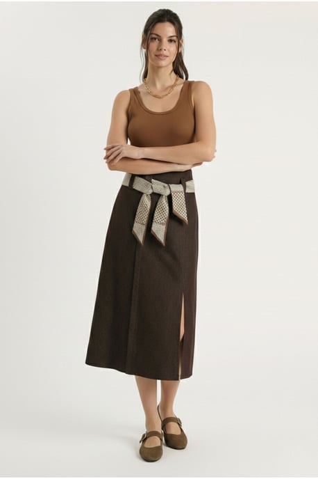 High Waist Midi Skirt with Slit - Image 3